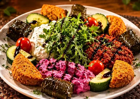 Meze-Platte mit Weinblättern, Dips, Kisir und Salat