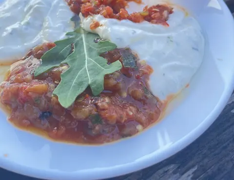 Joghurt-Dip und scharfe Tomaten-Ezme auf einem Teller